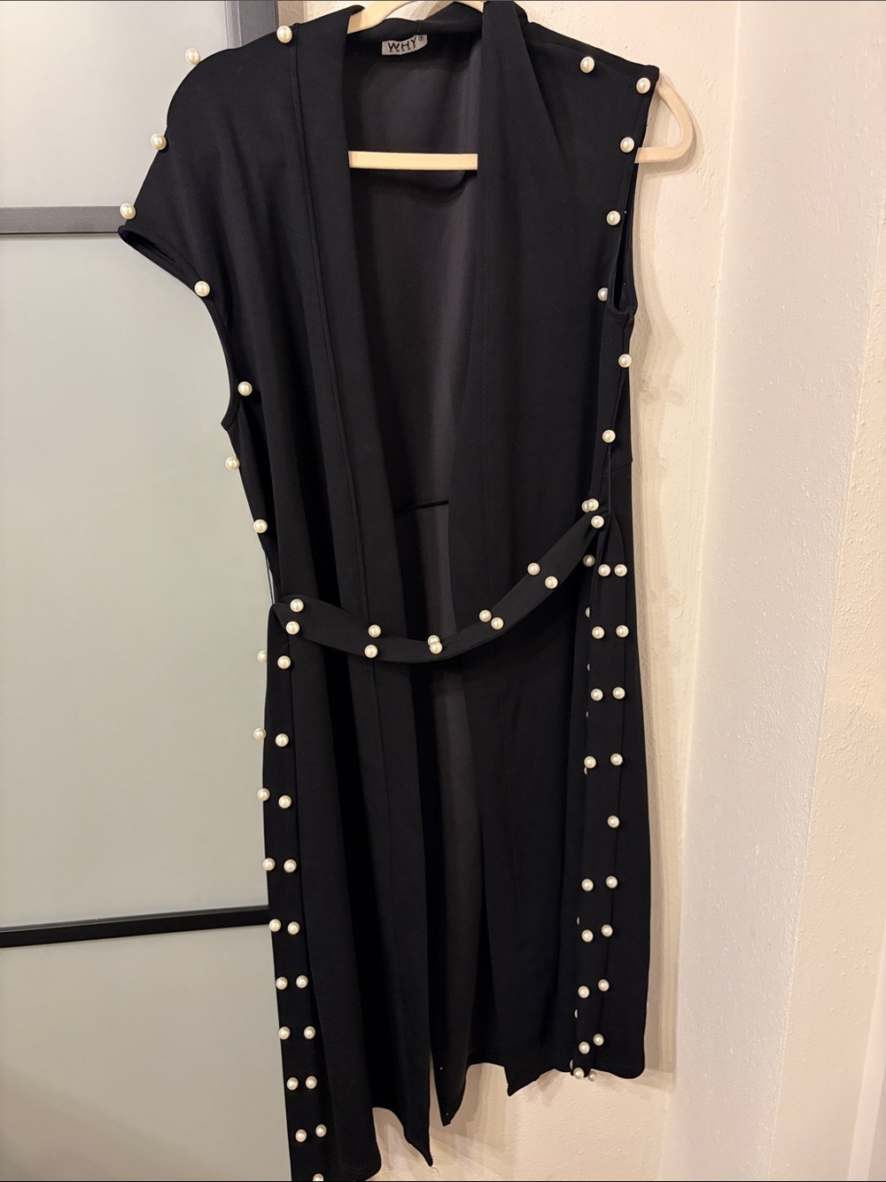 Sleeveless Black Midi Dress with Pearl Trim